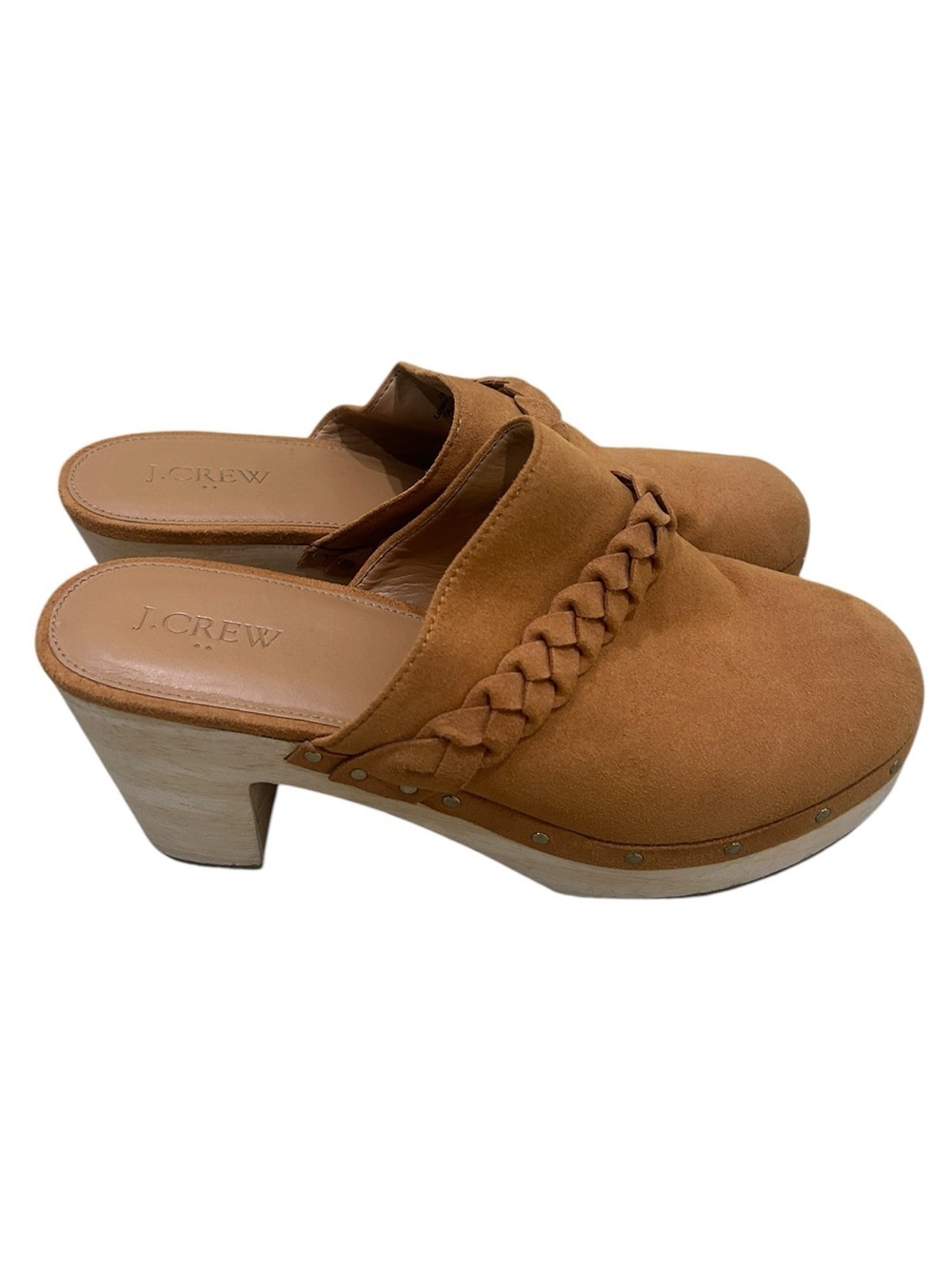 J. Crew Braided faux Suede Clog Mules in Tan wood platform heel size 8.5